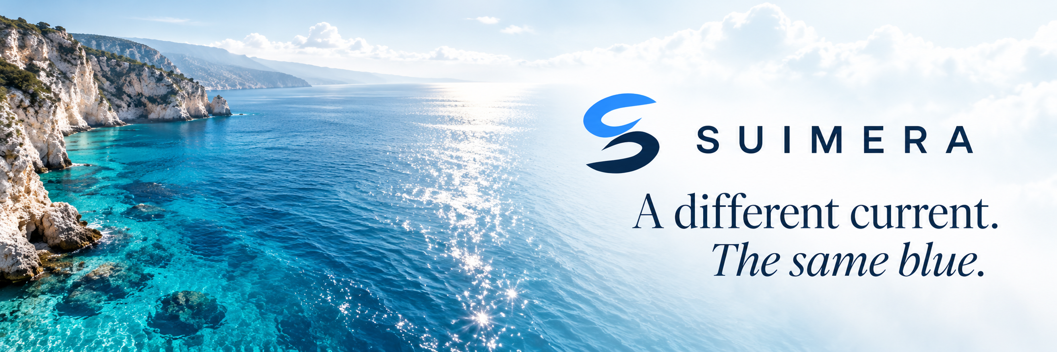 SUIMERA social banner with a blue coastal landscape and the project identity